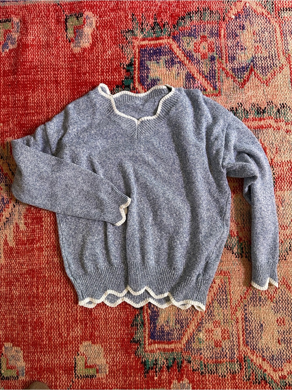 SHEIN Blue Heathered Scoop-Neck Sweater with Cream Scalloped Trim